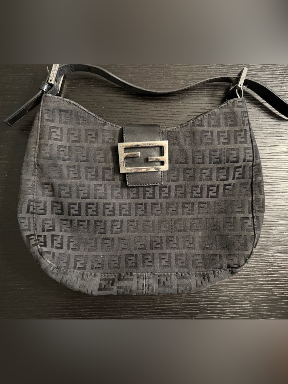 Fendi Black FF Monogram Shoulder Bag with Silver Buckle